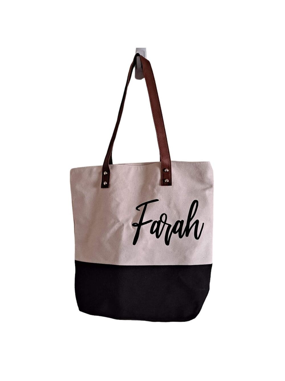 Farah Black Cream Canvas Tote Bag w Lining, Zip Closure -11" X 15" X 4.5"